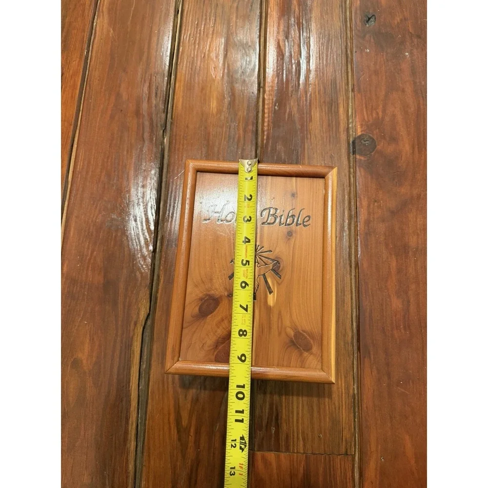 Vintage Cedar Box Wooden Storage Case With Holy Bible Blue Felt Lined Hinged